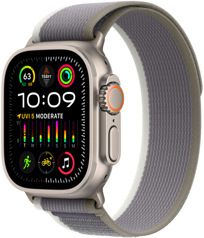 Apple Watch Ultra 2, 49 мм, корпус из титана, ремешок Trail зеленого/серого цвета, размер M/L